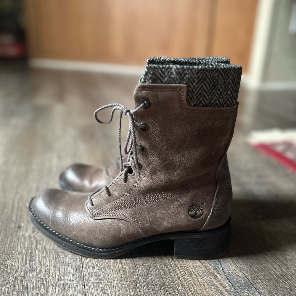 Timberland women's brown/grey leather Harris Tweed combat boots size 8